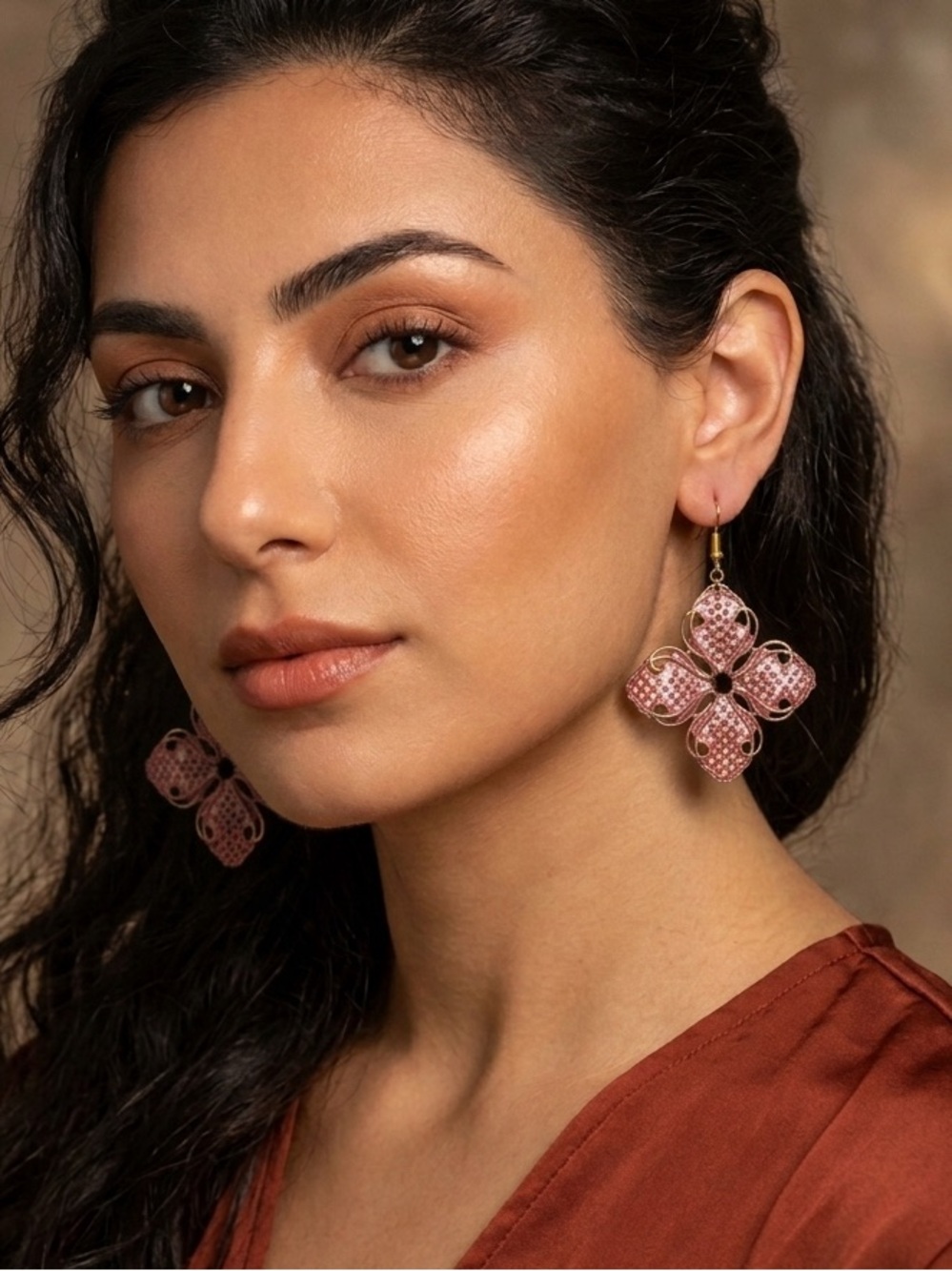 Handmade Red & Gold Floral Filigree Dangle Earrings Boho Statement